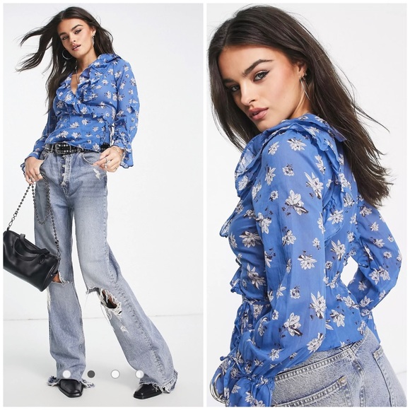 Free People Amanda Ruffle Top in Cool Combo Size L - Picture 2 of 12